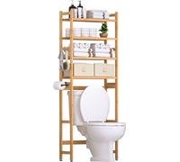 Yorbay Étagère de toilette avec 2 paniers, Étagère de WC en bambou, Étagère de salle de bain réglable à 4 niveaux avec coussinet de pied étanche, Étagère de salle de bain multifonctionnelle
