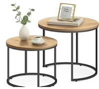 Yorbay Lot de 2 tables basses rondes 2 en 1 - Table d'appoint moderne avec structure en métal noir - Table basse pour salon - 60 x 60 x 46 cm et 46 x 46 x 40 cm - Chêne clair