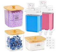 Yorbay Lot de 5 unités de stockage de détergent : distributeur de détergent transparent avec gobelet doseur et étiquettes, récipient avec couvercles en bambou et cuillères pour lessive en poudre