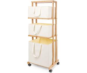 Yorbay Panier à Linge en Bambou, Chariot à Linge, Corbeille À Linge avec 3 Paniers Amovibles avec roulettes, Étagère en bambou pour Salle de Bain Buanderie