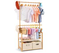 YORBAY Porte-manteau pour Enfants, Portant à Vêtement Penderie avec 2 Boîtes de Rangement en Bambou, 74 x 35 x 140 cm