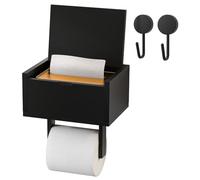 Yorbay Porte Papier Toilette sans Perçage avec Boîte à Lingettes Humides et 2 Crochets, Support Papier Toilette en Bambou pour Salle de Bain, Auto-adhésif ou Perçable, Noir