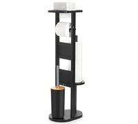 Yorbay Porte Papier Toilette sur Pied, Distributeur Papier Toilette en Bambou, avec Support Smartphone, Brosses WC et Supports (Noir)