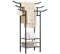 Yorbay Porte-serviettes autoportant noir en métal : porte-serviettes debout avec 3 barres porte-serviettes et 2 étagères pour serviettes de bain, vêtements, porte-serviettes moderne, pour salle de