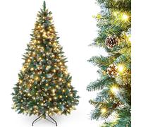 Yorbay Sapin de Noël artificiel 180CM avec éclairage et neige blanche, Sapin à LED pour décoration de Noël avec pommes de pin