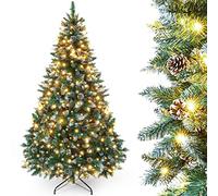 Yorbay Sapin de Noël Artificiel avec éclairage et Neige Blanche, Sapin de Noël LED pour décoration de Noël avec de Vraies Pommes de pin, résistant au feu (150 cm)