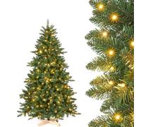 Yorbay Sapin de Noël artificiel avec éclairage LED et support en bois pour décoration de Noël (150 cm)