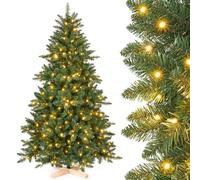 Yorbay Sapin de Noël artificiel avec éclairage LED : sapin en PVC artificiel avec support en bois pour décoration de Noël, idéal pour une ambiance festive (210 cm)