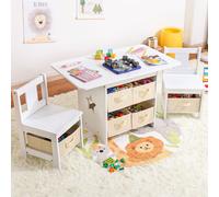 Yorbay table d'enfant avec 2 chaises, table d'enfant avec espace de rangement, 3 pièces, table d'enfant, table de dessin pour chambre d'enfant, blanc + beige