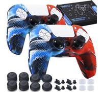 Yorha Lot de 2 Coques en Silicone pour Manette de PS5 (Camou Bleu + Rouge) avec 8 Grips pour Les Pouces, 8 Bouchons et 4 Protections Anti-Chocs