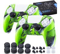 YoRHa Lot de 2 coques en silicone pour manette de PS5 (vert camouflage) avec 8 poignées pour les pouces, 8 bouchons et 4 protections anti-chocs