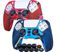 Yorha Points Housse Coques Autocollants en Silicone Skin Cover pour PS5 Dualsense Manette (Camouflage Rouge + Bleu) x 2 avec Prises de Pouce x 10