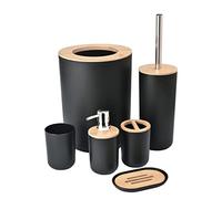 Yorkmills Lot de 6 accessoires de salle de bain en bambou,Noir,Poubelle de salle de bain,Brosse WC durable,Porte-brosse à dents,Distributeur de savon avec pompe,Porte-savon,Poubelle moderne