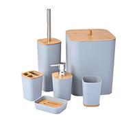 Yorkmills Lot de 6 accessoires de salle de bain en bambou, poubelle de salle de bain et brosse de toilette, porte-brosse à dents durable, porte-gobelet, distributeur de savon avec pompe, porte-savon