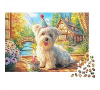 Yorkshire Terrier en Carton, Terrier avec Chapeau d'anniversaire, Puzzle Classique, Anti-Ennui interactif, 70x50cm/1000 pièces