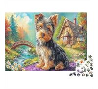 Yorkshire Terrier en Carton, Yorkshire Terrier sur Le Chemin près du Pont, Puzzle Classique, adapté aux débutants, Stimulant pour l'esprit, 52x38cm/1000 pièces