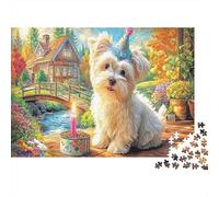 Yorkshire Terrier en Papier recyclé, Terrier avec Chapeau d'anniversaire près du ruisseau, Puzzle, activité familiale Interactive, 70x50cm/1000 pièces