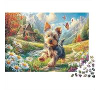 Yorkshire Terrier en Papier recyclé, Yorkshire Terrier avec Pull Bleu dans la Prairie, Puzzle, activité familiale Interactive, 52x38cm/1000 pièces