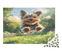 Yorkshire Terrier Heureux Puzzles 1000 pièces pour Adultes Petit Chiot Mignon sautant dans Un pré Vert Premium Robuste Vibrant Stimulant soulagement du Stress Jeu Cadeau Familial 38x26cm/1000pcs