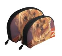 Yorkshire Terrier Manger des Nouilles Chien Mignon, Trousse de Maquillage Coquille Femme Petit Porte-Monnaie Trousse de Toilette Trousse à cosmétiques 2 pièces