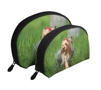 Yorkshire Terrier Pelouse Chiens Mignons Ummer Arc Rouge, Trousse de Maquillage Coquille Femme Petit Porte-Monnaie Trousse de Toilette Trousse à cosmétiques 2 pièces