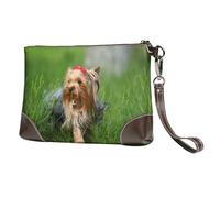 Yorkshire Terrier Pelouse Chiens Mignons Ummer Red Bow,Sacs à Main en Cuir PU pour Femmes, Pochette à Fermeture éclair, Portefeuille, Sac à Main avec dragonne
