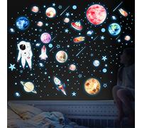 Yosemy Autocollants Lumineux Planètes Étoiles Phosphorescentes Lumineuses Planète Astronaute Stickers Muraux Décoration de Plafond Fluorescent Autocollant pour Chambres d'enfants Bleu 07-849pcs
