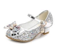 YOSICIL Chaussures de Princesse à Talons Hauts à Paillettes pour Enfants Filles Bownot Brillant Halloween Noël Anniversaire Carnaval Cosplay pour Occasions Spéciales,Argent,25