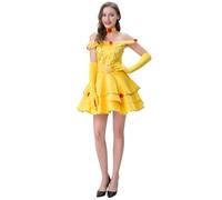 YOSICIL Cosplay Robe Courte de La Belle et La Bête pour Femme Adulte Déguisement Hors-épaules avec Accessoires Halloween Soirée Thématique Carnaval Anniversaire, Jaune, 2XL