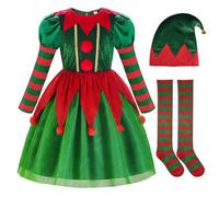 YOSICIL Costume lutin Elfe pour fille et garçon Déguisement enfant pour réveillon de Noël Cosplay d'assistant de Père Noël avec accessoires Tenue fête, kit de robe, 110