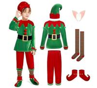 YOSICIL Costume lutin Elfe pour fille et garçon Déguisement enfant pour réveillon de Noël Cosplay d'assistant de Père Noël avec accessoires Tenue fête, kit de pantalon, 140