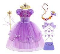 YOSICIL Déguisement Princesse Sofia Robe Longue Fille Elégante à Manches Courtes avec Accessoirs Enfantins pour Occasions Spéciales Costume de Conte de Fée avec Jupe Multicouches, violet, 140