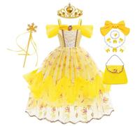 YOSICIL Fille Déguisement de Princesse Belle Robe de Soirée élégante en dentelle à fleurs roses Costume enfantin de jeu de rôle du film Cadeau Anniversaire Halloween Noël, jaune, 110