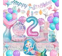 yosiio 2 Ans Decoration Anniversaire Sirene, Sirene Vaisselle Anniversaire, Kit Anniversaire Sirene Fille, 2 Ans Enfants Birthday Party Décorations 16 Invités (2 Ans Decoration)