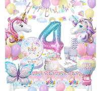yosiio Décorations de fête licorne pour 16 invités, ensemble de décoration de 4e anniversaire avec ballons licorne, assiettes, tasses, serviettes, nappe, bannière, décoration de gâteau pour filles de