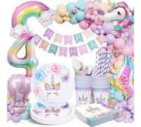 yosiio Ensemble de vaisselle de fête licorne pour 4e anniversaire licorne, assiettes en carton, gobelets, serviettes, nappe, ballons pour fêtes d'anniversaire d'enfants, 16 invités