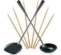 YOSUKATA Spatule et Louche Pour Poêle Wok 43,5 cm - Spatule Plancha en Acier au Carbone Pré-assaisonné et Louche Cuisine Professionnel, 3 Paires de Baguettes de Cuisine Chinoises