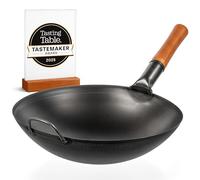 YOSUKATA Wok en acier au carbone de 35,6 cm avec fond rond - Wok Pow pré-assaisonné pour sauté - Poêle traditionnelle chinoise japonaise en acier noir - Batterie de cuisine d'extérieur pour cuisinière