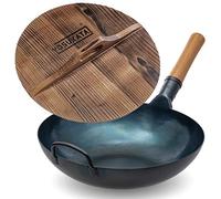 YOSUKATA Woks Et Poêles à Frire 34 cm - Wok À Fond Plat + Couvercle en Bois 34 cm