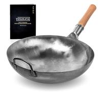 Yosukata Woks Et Poêles à Frire 36 cm - Wok à Fond Rond - Wok Acier Carbone Martelée - Compatible Avec Les Cuisinières à Gaz et Les Feux Ouverts - Wok Chinois Traditionnel (Argenté)