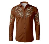 YOSUWOAI Chemise de cowboy pour homme - Impression 3D - Aspect brodé - À manches longues - Simple boutonnage - Vintage - Chemise médiévale - Chemise d'extérieur - Chemise de loisirs, O Marron., S