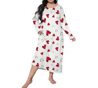 YOSUWOAI Chemise de nuit à manches longues pour femme - Imprimé cœur - Col rond - Robe de nuit décontractée - Coupe ample - Robe de nuit longue - Vêtement de détente, O rouge., 3XL