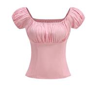 YOSUWOAI Chemise Renaissance pour Femme Débardeur Manches Courtes T-Shirts Col Carré Blouse de Paysanne Vintage Années 1950 Rockabilly Manches Puffées Chemise de Loisirs Médiévale, Z01 rose, S