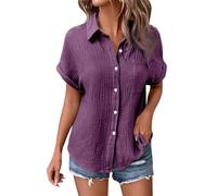 YOSUWOAI Chemisier d'été en mousseline pour femme - Manches courtes - Col en V - Chemisier long - Tunique avec poche - T-shirt surdimensionné - Respirant - Lin - Bouton, O violet, S