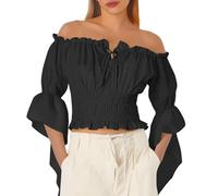 YOSUWOAI Chemisier médiéval Renaissance pour femme - Élégant - Haut gothique à volants - Épaules dénudées - T-shirt victorien - Costume de pirate - Manches longues - Boho - Plage - Vacances, O Noir