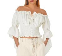 YOSUWOAI Chemisier médiéval Renaissance pour femme - Élégant - Haut gothique à volants - Épaules dénudées - T-shirt victorien - Costume de pirate - Manches longues - Boho - Plage - Vacances, O blanc