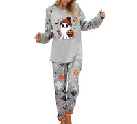 YOSUWOAI Ensemble de pyjama d'Halloween pour femme - Imprimé citrouille fantôme - Manches longues - Col rond - Haut avec taille élastique - Pantalon long - Vêtement d'intérieur ample