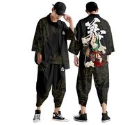 YOSUWOAI Ensemble Kimono Traditionnel Homme Kimono Décontracté Yukata Costume Style Japonais Anime Kimono Traditionnel Imprimé Cardigan Pantalons Ensembles Veste Fine Veste Japonaise En Maille Costume