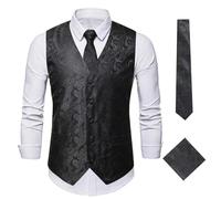 YOSUWOAI Ensemble pour hommes formels de mariage et de fête - Gilet traditionnel décontracté 3 pièces - Cravate - Pochon - Gilet - Ensemble de costume - Motif Paisley floral en jacquard - Gilet de