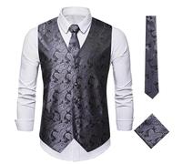 YOSUWOAI Ensemble pour hommes formels de mariage et de fête - Gilet traditionnel décontracté - Ensemble de 3 pièces - Cravate - Pochon - Gilet - Costume - Paisley - Floral - Jacquard - Gilet de